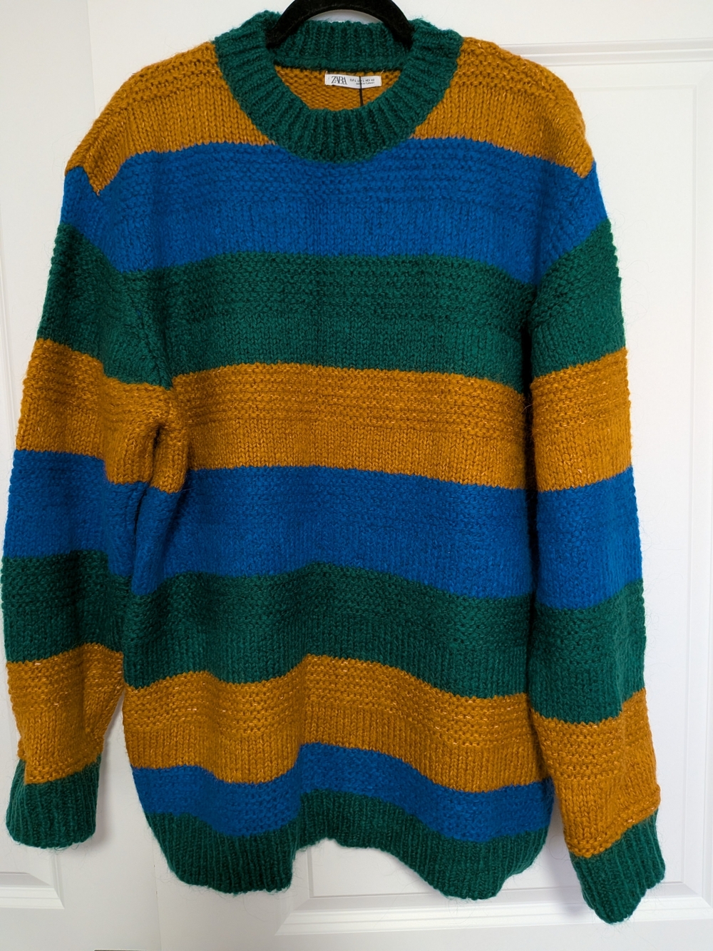 Zara Men's Striped Crewneck Sweater - Teal, Blue & Mustard